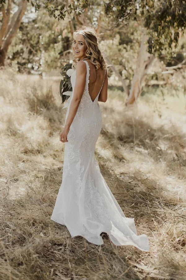 Vestidos de novia playeros de corte sirena, escote en V, corte tubo, largo hasta el suelo, con apliques de encaje